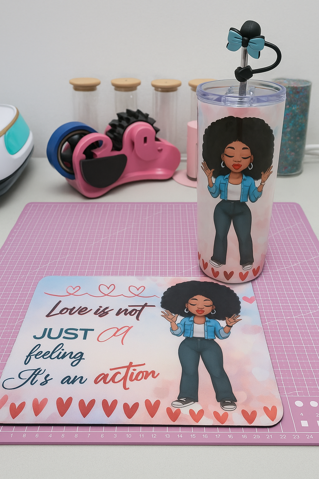 💖 Tumbler & Mouse Pad Set – “Love is Not Just a Feeling