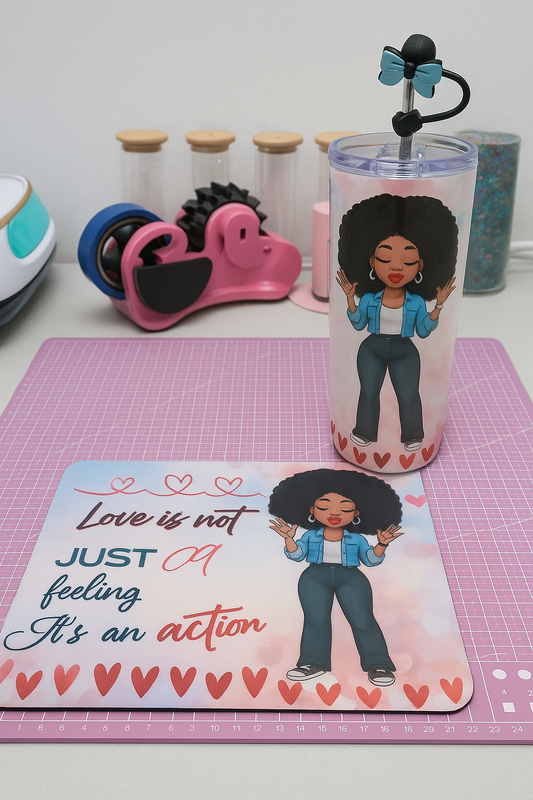 💖 Tumbler & Mouse Pad Set – “Love is Not Just a Feeling